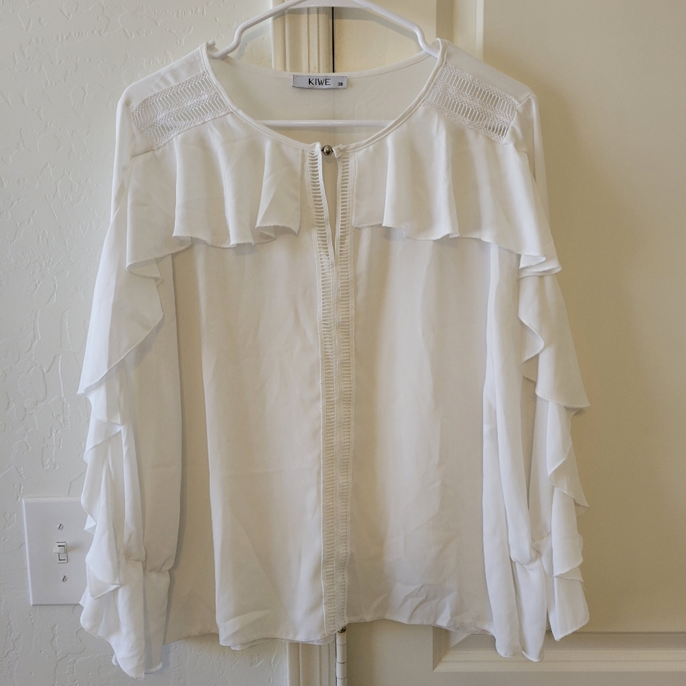 Women's White Ruffle Long Sleeve Top Size 38 EU